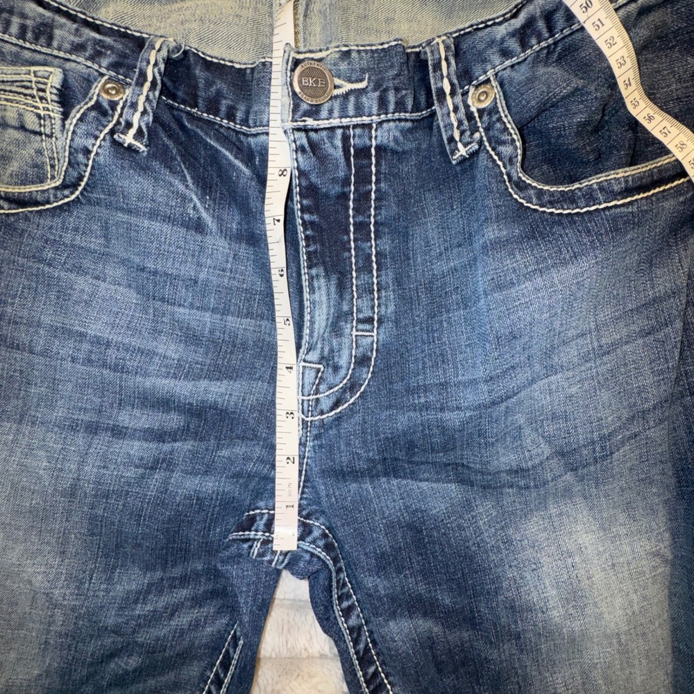 BKE Derek Bootcut Jeans Mens 36R Medium Wash Thick Stitch Denim Blue - Picture 7 of 14